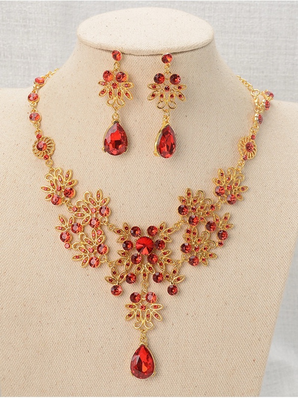 Gold-Tone Red Crystal Floral Statement Necklace with Matching Earrings